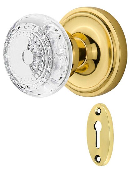 Classic Rosette Mortise-Lock Set with Meadows Crystal-Glass Knobs in Un-Lacquered Brass.